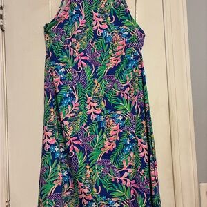 Lilly Pulitzer Blue Tropical Floral Halter Dress with Pink and Green Accents